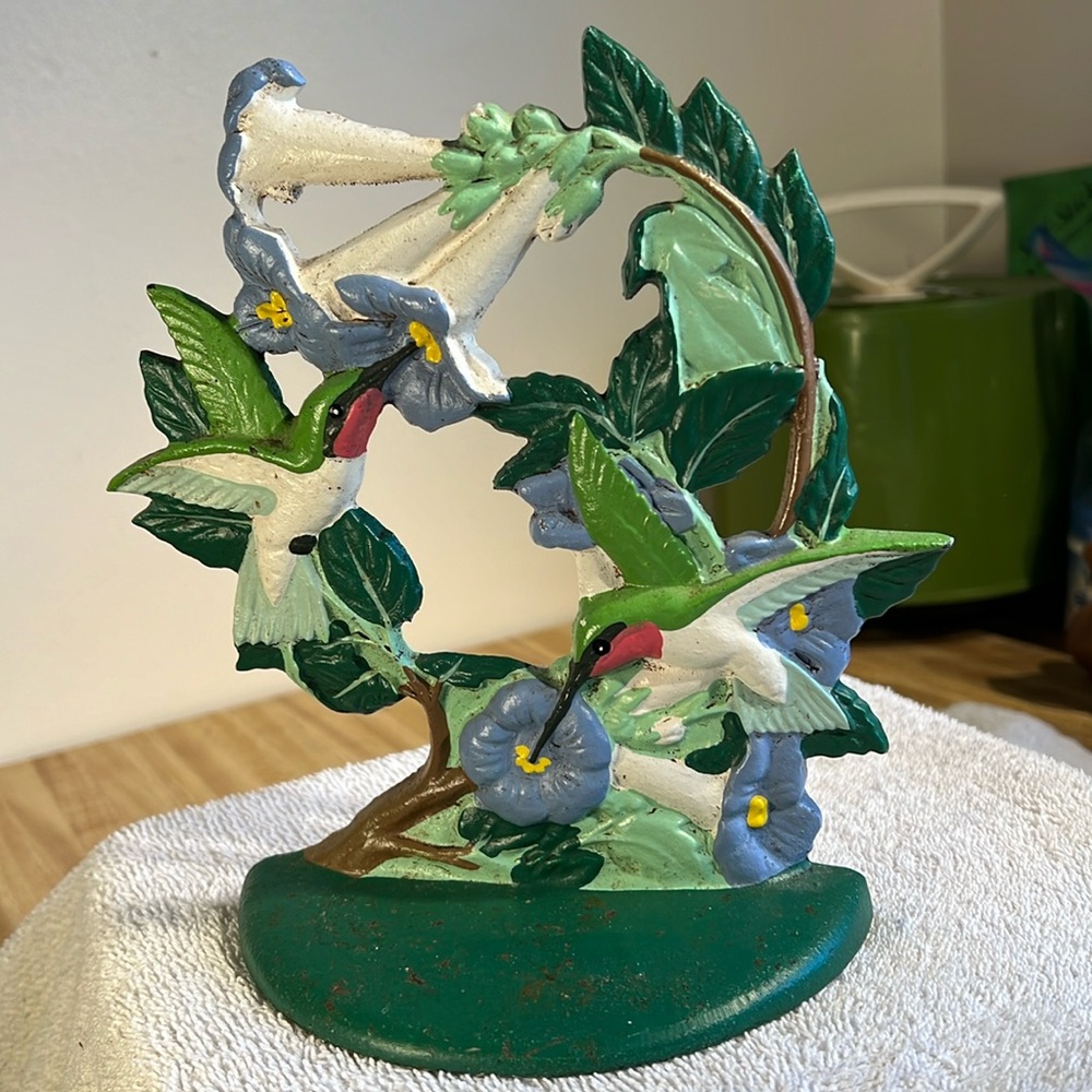Vtg Cast Iron Ruby Throated Hummingbird & Trumpet Vine Doorstop Or Bookend ML